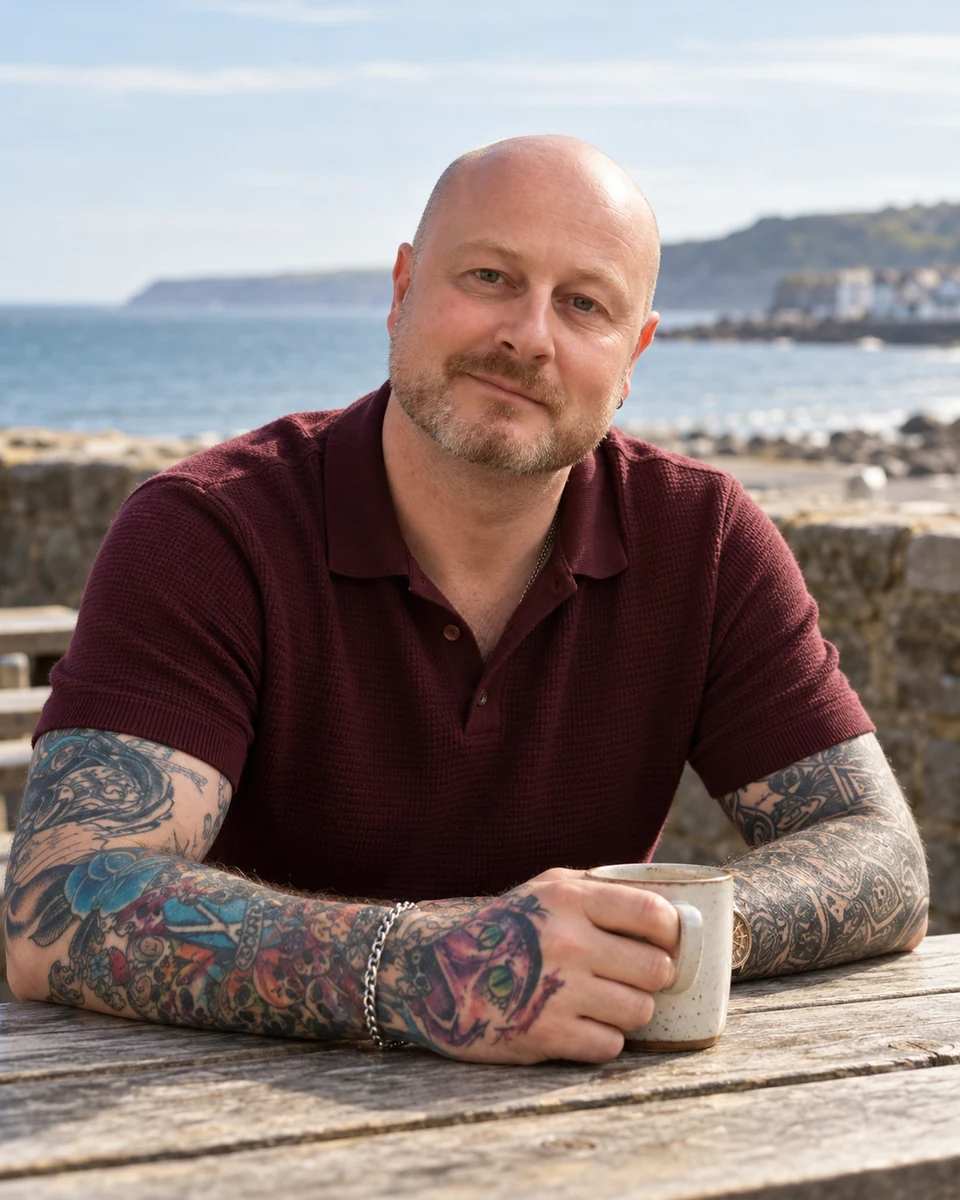 Chris Nugent sitting by the sea with a cup of coffee, his tattooed arms resting on the table.
