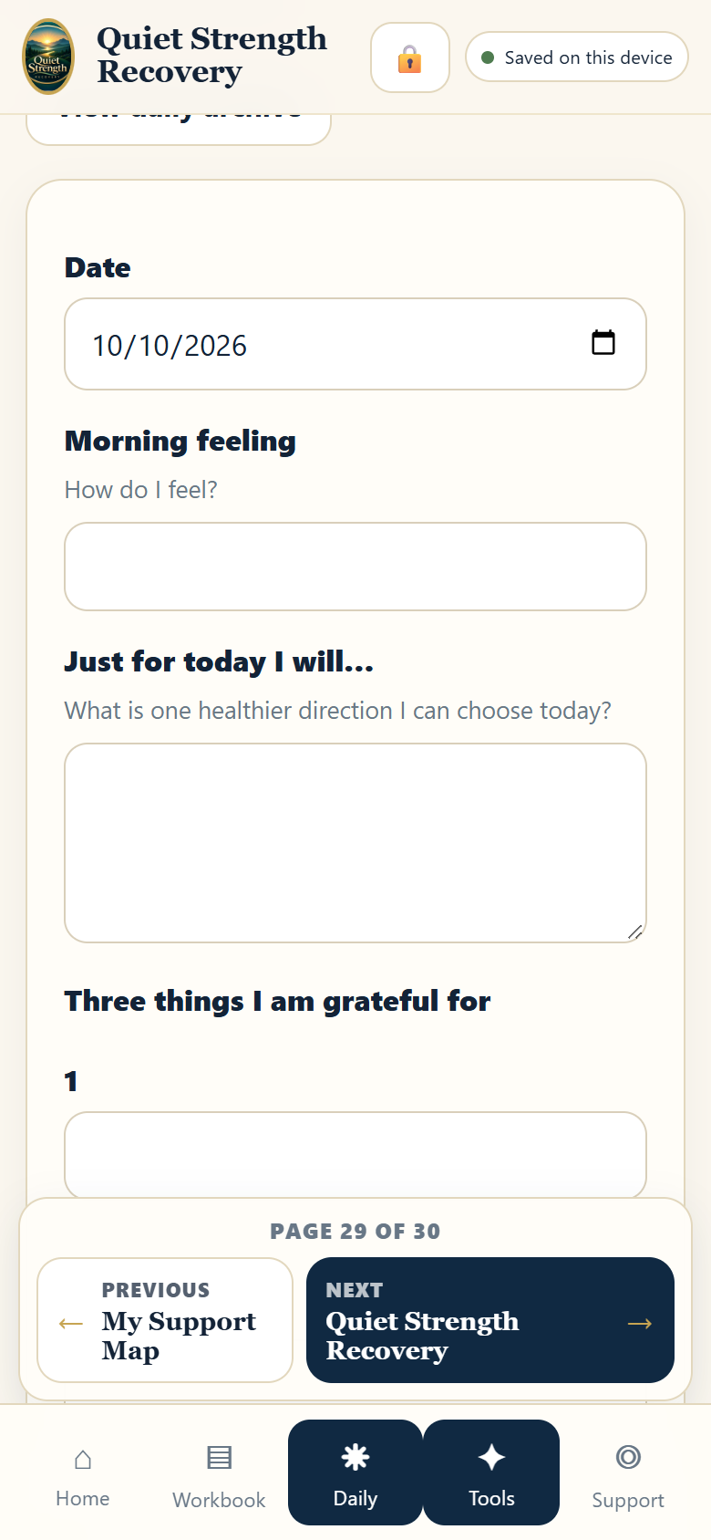 Quiet Strength Recovery daily check-in with the date, morning feelings, daily intentions and gratitude prompts