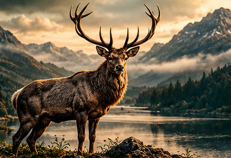 A stag standing by a Highland loch beneath mountains at dusk